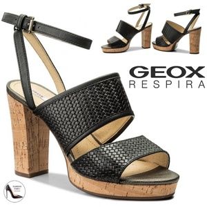 Geox Mauvelle Black Leather ankle strap block heel sandal platform dress shoes 8